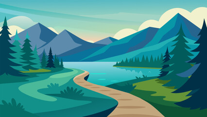 As I followed the winding path down to the lake I couldnt help but be mesmerized by the tranquil sight of the water reflecting the surrounding trees and mountains.. Vector illustration