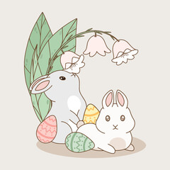 Bunnies with Easter eggs and flowers, cute spring vector illustration.