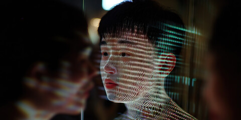 Young Man's Face with Projected Digital Pattern