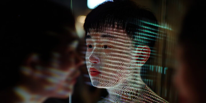 Young Man's Face with Projected Digital Pattern