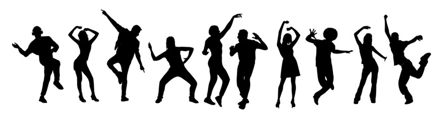 Set of dancing people silhouettes, male and female dancers. Girls and guys enjoying dance party. Black monochrome vector illustrations isolated