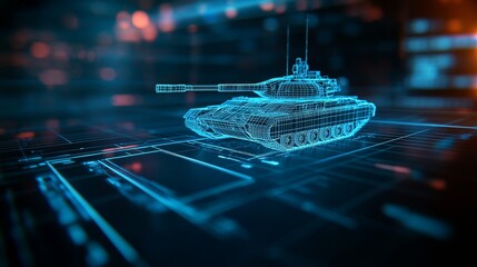 Highly detailed neon-blue wireframe of a military tank floats in a dark futuristic grid, highlighting mechanical components and a sci-fi aesthetic