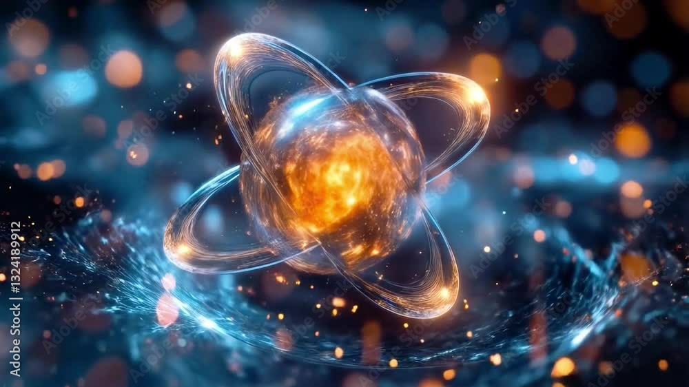 Poster a vibrant depiction of an atom showcases the principles of quantum mechanics, highlighting qubits, s