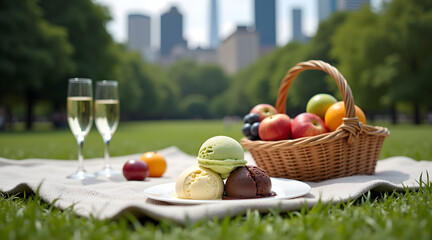 A vibrant picnic scene features a plate of three ice cream scoops alongside a basket of fresh fruits, with glasses of champagne set against a city skyline in the background