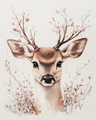 serene watercolor deer, deer with flowers, pastel antlers, gentle nature painting, forest animal illustration, watercolor botanical deer, expressive animal eyes, dreamy deer painting