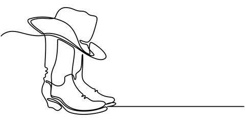 continuous line cowboy hat and boots, One continuous single drawing line art flat doodle boot, shoe, cowboy, leather, western, fashion, cossack, foot, ranch. Isolated image hand draw contour.