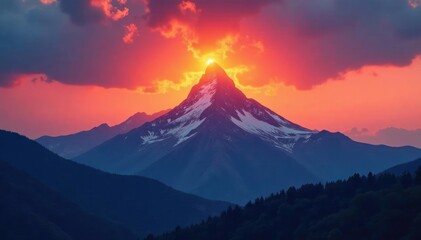 Fiery blaze engulfing a mountain peak at sunset, hills, engulfing, sunrise