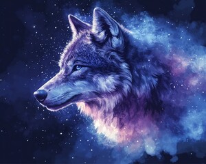 mystical watercolor wolf, blue purple wolf, celestial animal painting, ethereal wolf illustration, fantasy wildlife watercolor, dreamy wolf painting, night sky animal, soft watercolor wolf