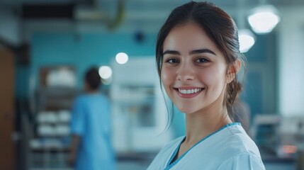 Fototapeta premium Smiling Healthcare Professional in Clinic Environment with Colleagues