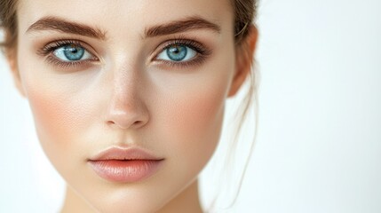 Naklejka premium Close-Up Portrait of Young Woman with Striking Blue Eyes and Natural Makeup