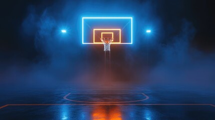 Naklejka premium Luminous Basketball Hoop Shining Through the Foggy Court