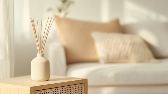 Fototapeta Elegant interior design with minimalist decor featuring a reed diffuser and soft cushions in a bright living space