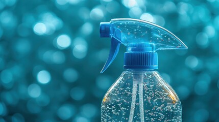 A clear plastic spray bottle, adorned with a vibrant blue nozzle, stood proudly against a backdrop of vibrant turquoise, ready to quench thirst and unleash creativity with its refreshing mist.