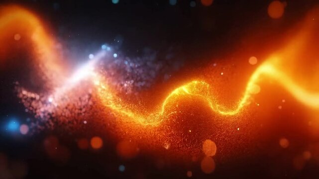 Swirling threads of blue and orange light dance amid a backdrop of shimmering particles, representing the complex interactions of quantum physics elements like superposition and entanglement.