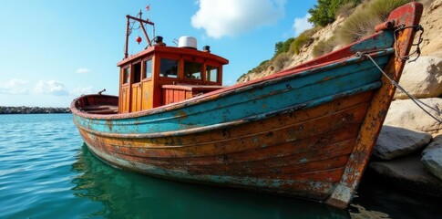 Fishing boat's wooden hull exposed and worn at Umag port, vessel, nautical