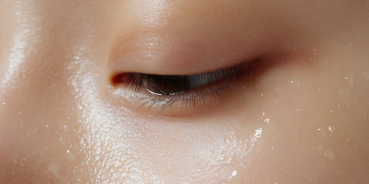 Close-up of Moist Skin and Partially Closed Eye - Powered by Adobe