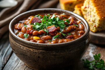 Delicious baked beans with bacon in a rustic bowl, garnished with fresh parsley.  Perfect for a hearty meal or side dish.