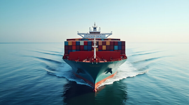 front view of cargo ship loaded with colorful containers sailing on calm waters