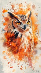 wise watercolor owl, autumnal owl painting, artistic owl splash, dreamy feathered animal, bird of wisdom illustration, watercolor nocturnal bird, mystical owl painting, gentle bird watercolor