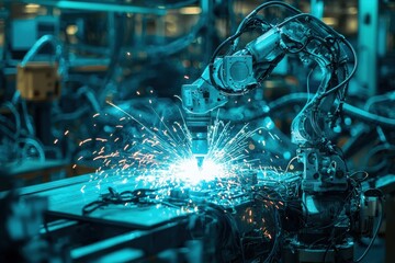 A robotic arm is engaged in a welding task inside a large industrial facility. Bright blue sparks illuminate the workspace as metal components are joined, showcasing advanced manufacturing technology.