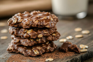 Obraz premium Delicious chocolate oatmeal cookies stacked high on a rustic wooden board, sprinkled with cocoa powder. A perfect image for food blogs, cookbooks, and baking websites.