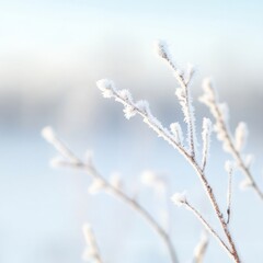 Frost-covered branches in serene winter landscape, delicate ice crystals glistening, peaceful and reflective atmosphere.