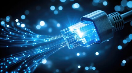 Naklejka premium Glowing Network Cable Transmitting Data Through a Futuristic Circuit