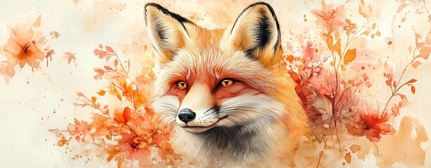 watercolor fox face, soft floral fox, warm orange fox, dreamy fox painting, pastel fox art, autumn animal illustration, soft brushstroke fox, cozy wildlife painting, fox and flowers