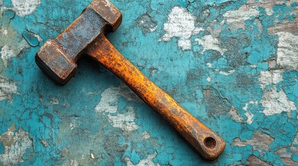 A rusty hammer, its once-polished surface now etched with the stories of countless blows, rests against a vibrant blue background, highlighting the craftsmanship and wear and tear of a trusted tool.