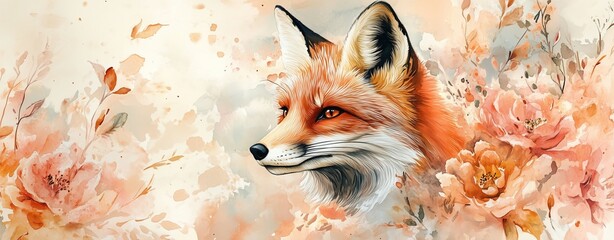watercolor fox face, soft floral fox, warm orange fox, dreamy fox painting, pastel fox art, autumn animal illustration, soft brushstroke fox, cozy wildlife painting, fox and flowers