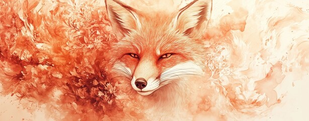 watercolor fox face, soft floral fox, warm orange fox, dreamy fox painting, pastel fox art,autumn animal illustration, soft brushstroke fox, cozy wildlife painting, fox and flowers