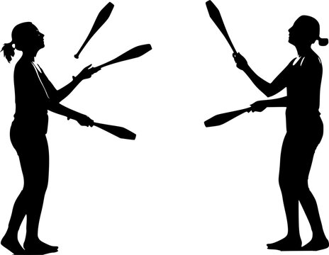 silhouette figures, juggling clubs, circus performers, black and white illustration, contrasting shapes, dynamic poses, symmetrical composition, vector art style, minimalist design, performance art,