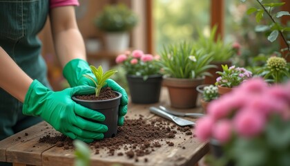 Fototapeta premium A pair of gloved hands gently plants a young seedling into a black pot, surrounded by vibrant flowers and greenery. This image captures the essence of gardening, showcasing the joy and tranquility of