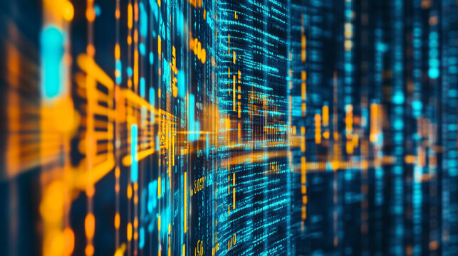 Abstract digital data stream background blue orange technology web code flow cyber binary future