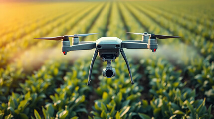 Smart agricultural drones fly with spray Modern technology in agriculture. Industrial drones fly over green fields and spray pesticides