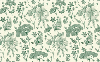 Seamless pattern Hibiscus wildflowers. Beautiful fabric blooming realistic isolated flowers Vintage background Wallpaper baroque. Drawing engraving Vector victorian illustration
