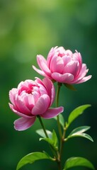 Soft pink peony flowers in full bloom on a lush green background, soft pink peonies, flowers, spring
