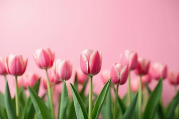 Fototapeta premium Soft pink tulips bloom in a serene field on a pale pink background, flowers, blossom, nature landscape