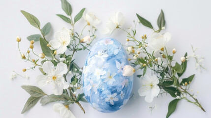 Decorative blue egg surrounded by white flowers and greenery