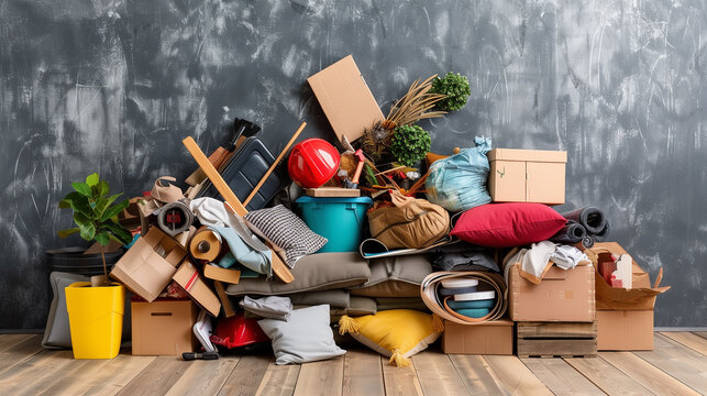 A chaotic pile of various household items, representing hoarding and clutter.