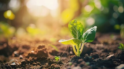 Close-up of a vibrant green lettuce plant growing in a garden on a sunny day, with a blurred background. Macro photography, professional photo