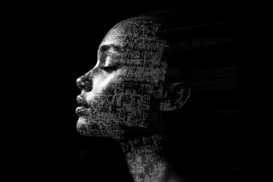 Abstract digital portrait of a woman with closed eyes in black and white art face code data calm