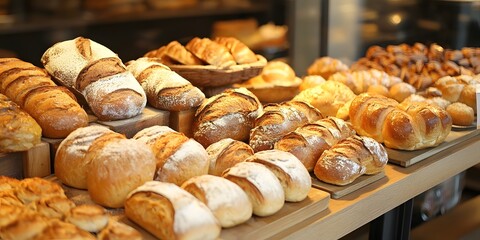 Mouthwatering Assortment of Freshly Baked Breads and Pastries in a Charming Bakery Display