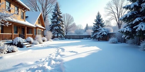 Snow-covered yard stretches out into the distance, snow, yard