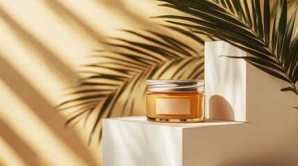 close up view of palm leaf, facial and body creams in glass jars on white cubes on beige background