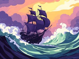 Naklejka premium Pirate Ship Sailing Through Turbulent Seas at Dramatic Sunset