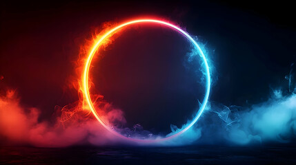 Circular Neon Light Ring With Fire And Smoke In Blue And Red Futuristic Abstract Background Design