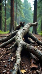 Twisted Mountain Ash tree branches on the ground, nature destruction, shattered bark, wood debris