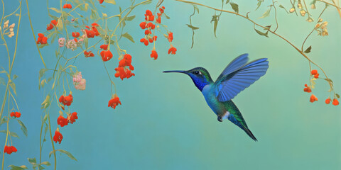Fototapeta premium Vibrant Blue Hummingbird Hovering Among Crimson Blooms Against Soft Pastel Sky
