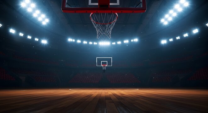 An impressive basketball court illuminated by stadium lights in arena